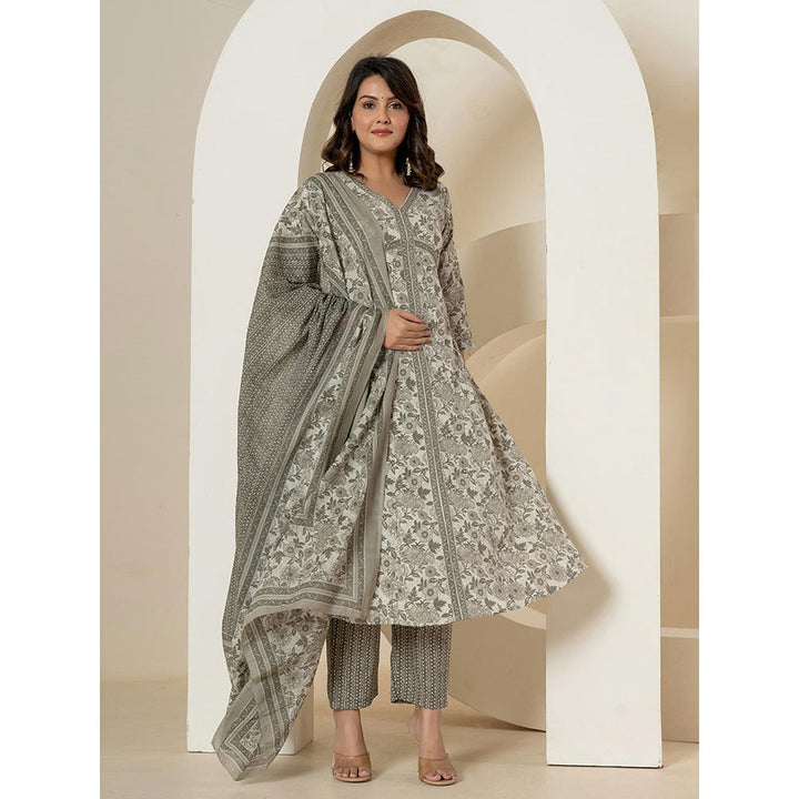 Yufta Grey Anarkali Kurta and Pants with Dupatta (Set of 3)