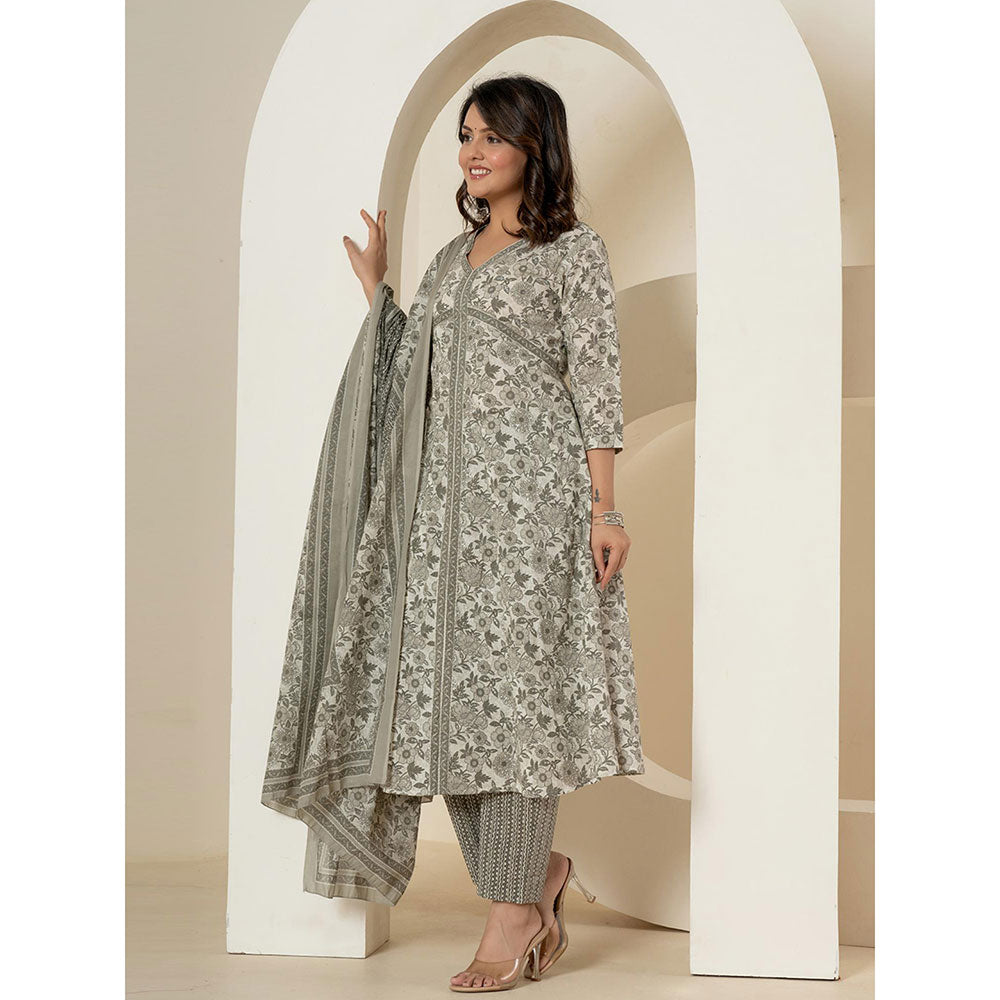 Yufta Grey Anarkali Kurta and Pants with Dupatta (Set of 3)