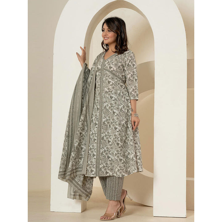 Yufta Grey Anarkali Kurta and Pants with Dupatta (Set of 3)