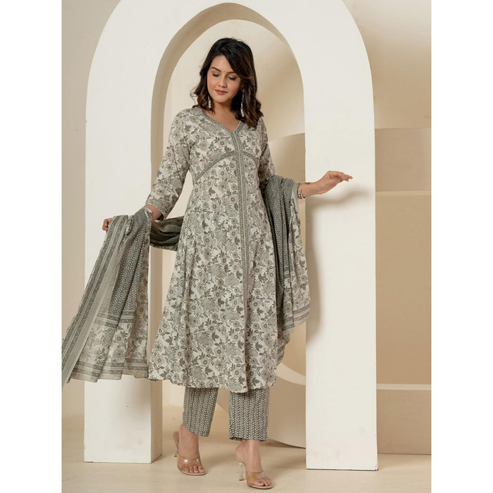 Yufta Grey Anarkali Kurta and Pants with Dupatta (Set of 3)