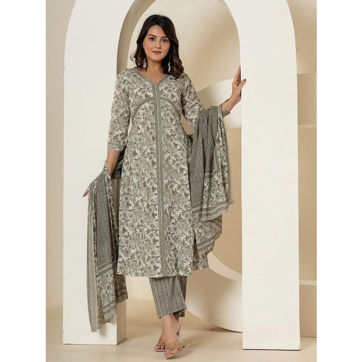 Yufta Grey Anarkali Kurta and Pants with Dupatta (Set of 3)