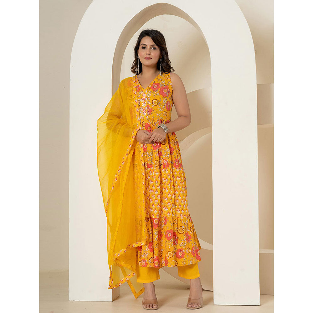 Yufta Yellow Pure Cotton Kurta and Trousers with Dupatta (Set of 3)