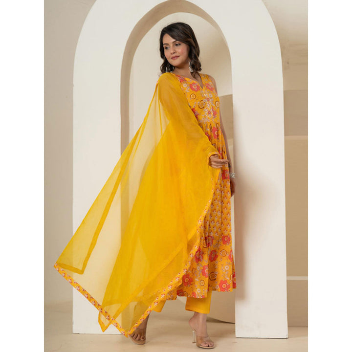 Yufta Yellow Pure Cotton Kurta and Trousers with Dupatta (Set of 3)