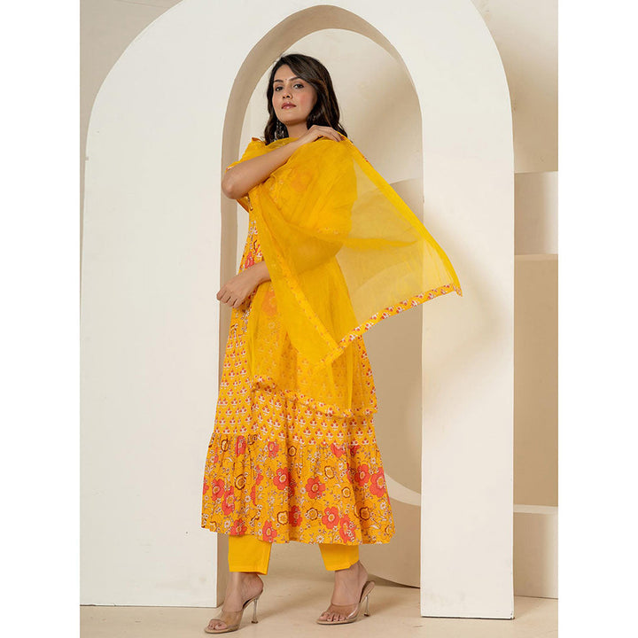 Yufta Yellow Pure Cotton Kurta and Trousers with Dupatta (Set of 3)