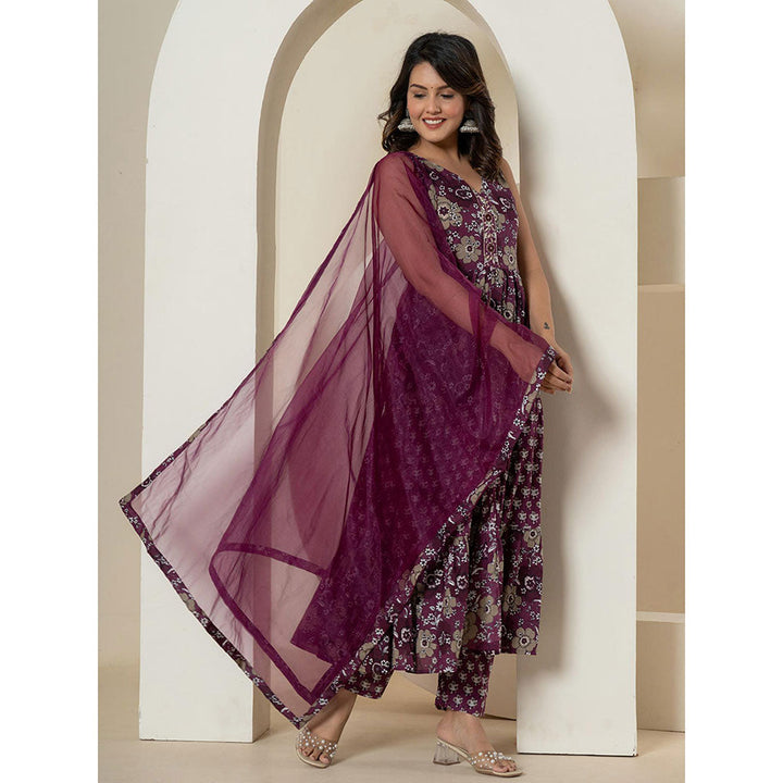 Yufta Purple Pure Cotton Kurta and Trousers with Dupatta (Set of 3)