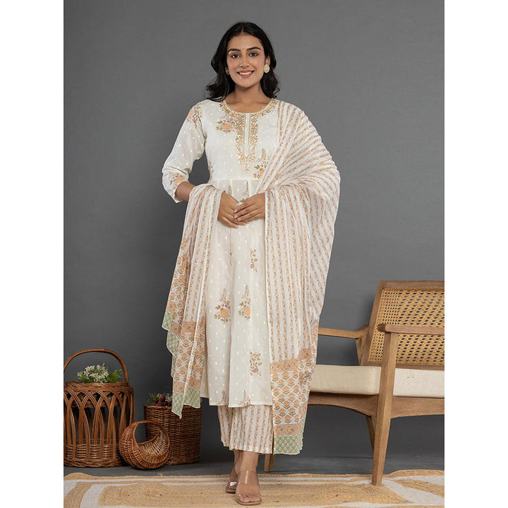 Yufta White Cotton Anarkali Kurta and Pants with Dupatta (Set of 3)