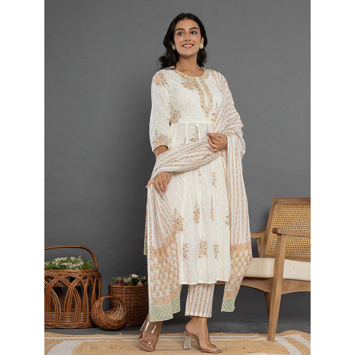 Yufta White Cotton Anarkali Kurta and Pants with Dupatta (Set of 3)