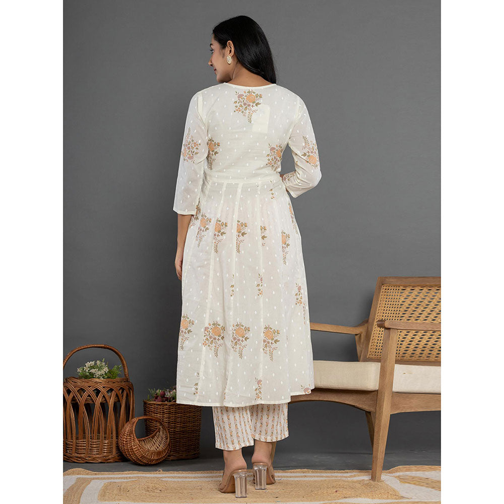 Yufta White Cotton Anarkali Kurta and Pants with Dupatta (Set of 3)