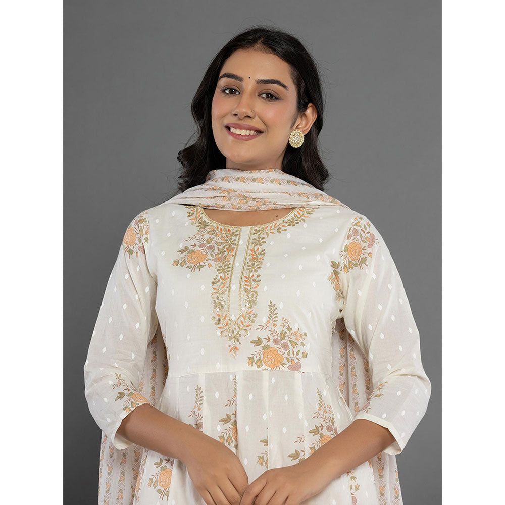 Yufta White Cotton Anarkali Kurta and Pants with Dupatta (Set of 3)