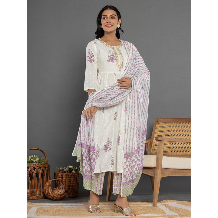 Yufta Purple Cotton Anarkali Kurta and Pants with Dupatta (Set of 3)