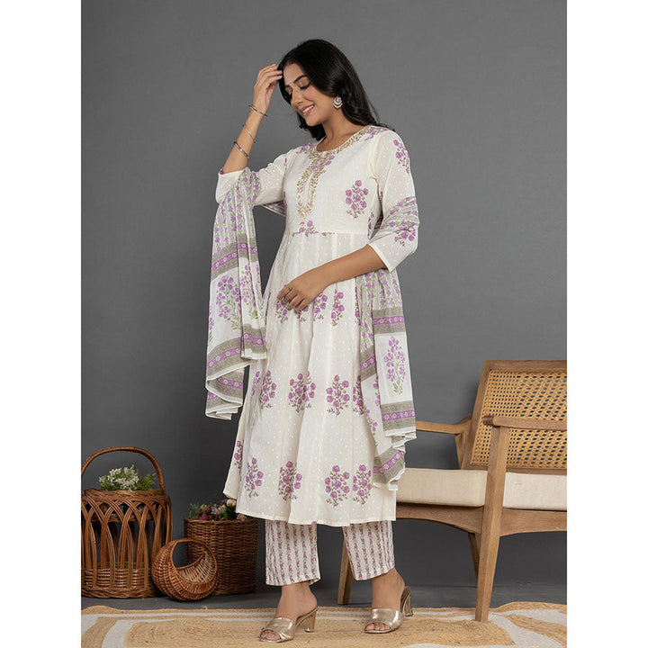 Yufta Purple Cotton Anarkali Kurta and Pants with Dupatta (Set of 3)