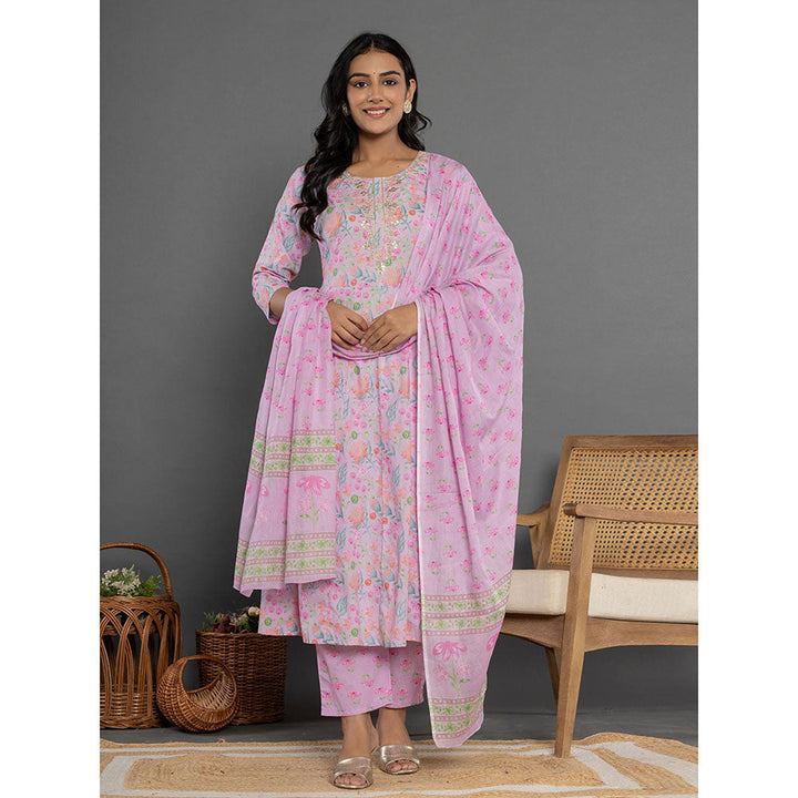 Yufta Cotton Lavender Anarkali Kurta and Pants with Dupatta (Set of 3)