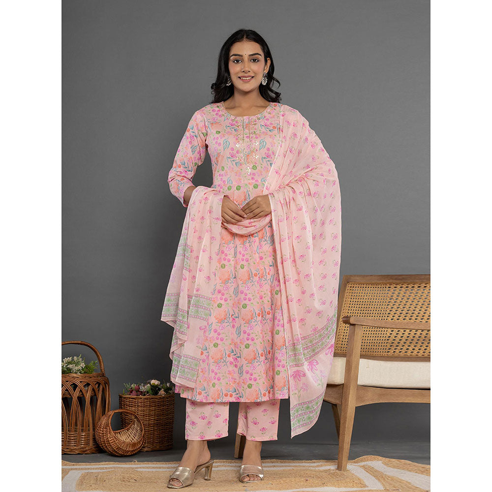 Yufta Cotton Peach Anarkali Kurta and Pants with Dupatta (Set of 3)