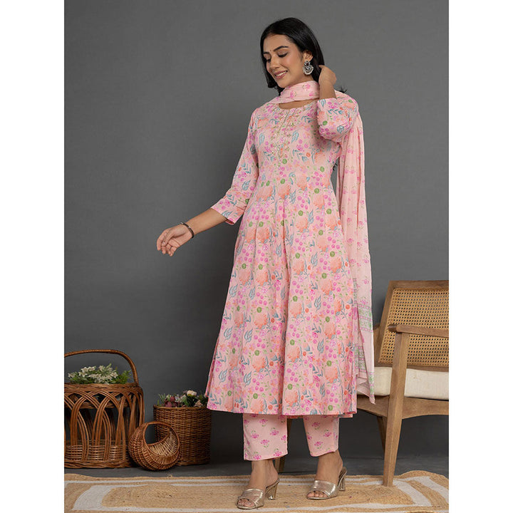 Yufta Cotton Peach Anarkali Kurta and Pants with Dupatta (Set of 3)