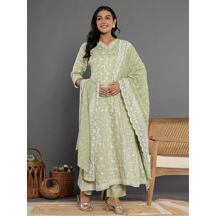 Yufta Green Cotton Silk Embroidered Anarkali Kurta and Pants with Dupatta (Set of 3)