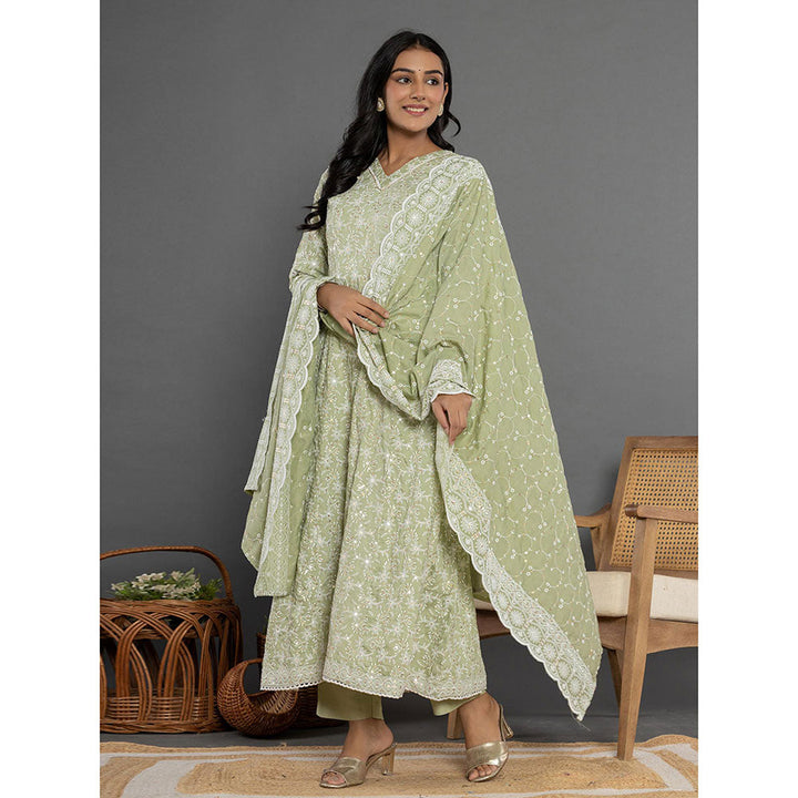 Yufta Green Cotton Silk Embroidered Anarkali Kurta and Pants with Dupatta (Set of 3)