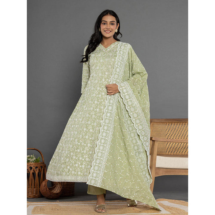 Yufta Green Cotton Silk Embroidered Anarkali Kurta and Pants with Dupatta (Set of 3)