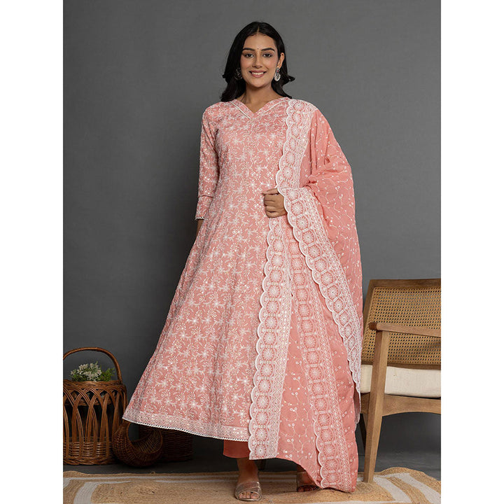 Yufta Peach Cotton Silk Embroidered Anarkali Kurta and Pants with Dupatta (Set of 3)