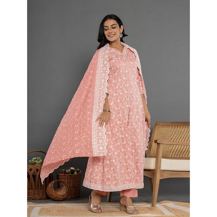 Yufta Peach Cotton Silk Embroidered Anarkali Kurta and Pants with Dupatta (Set of 3)