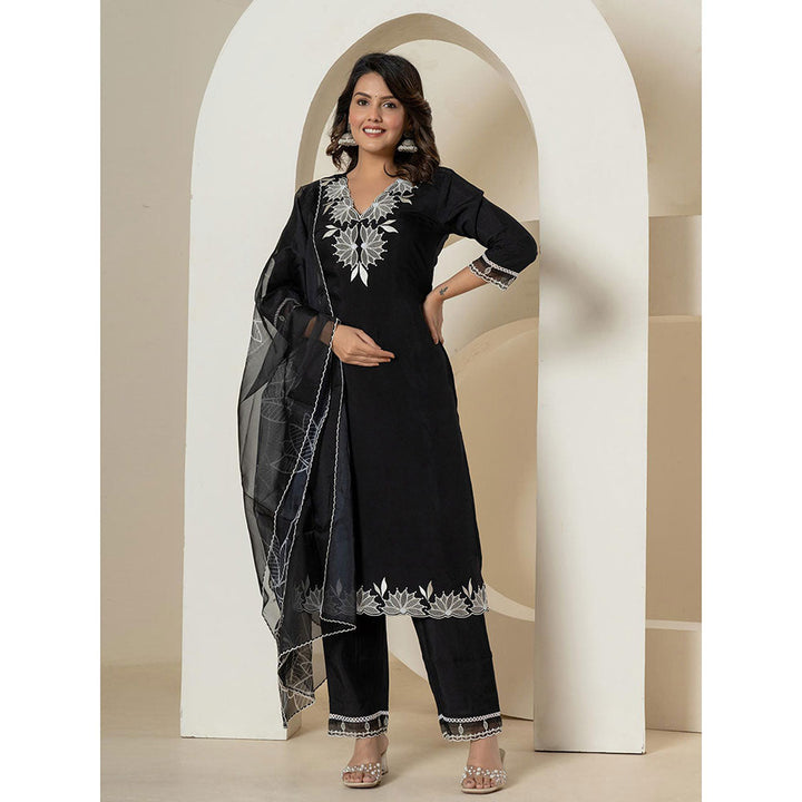 Yufta Black Embroidered Silk Blend Straight Kurta and Pants with Dupatta (Set of 3)