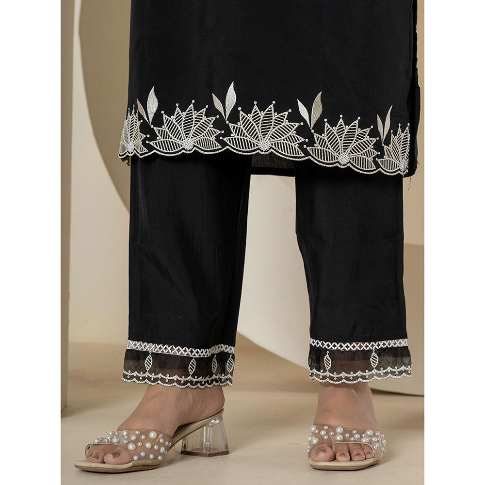 Yufta Black Embroidered Silk Blend Straight Kurta and Pants with Dupatta (Set of 3)