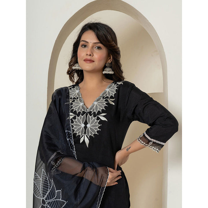 Yufta Black Embroidered Silk Blend Straight Kurta and Pants with Dupatta (Set of 3)