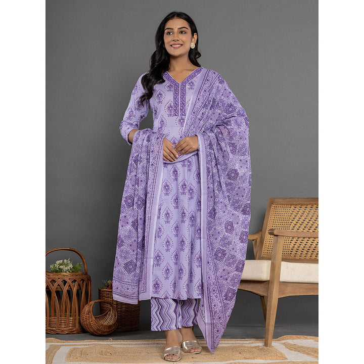 Yufta Purple Cotton Ethnic Motifs Anarkali Kurta and Pants with Dupatta (Set of 3)