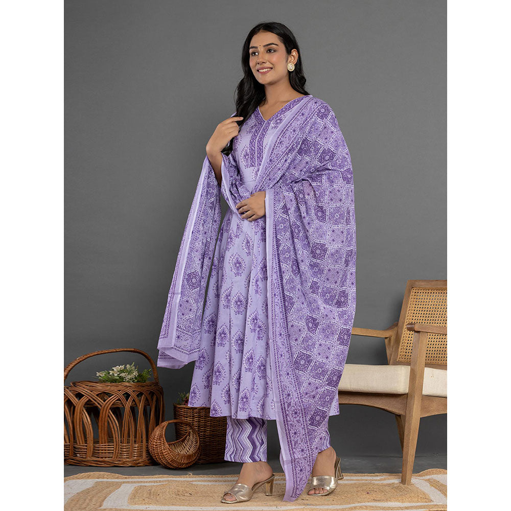 Yufta Purple Cotton Ethnic Motifs Anarkali Kurta and Pants with Dupatta (Set of 3)