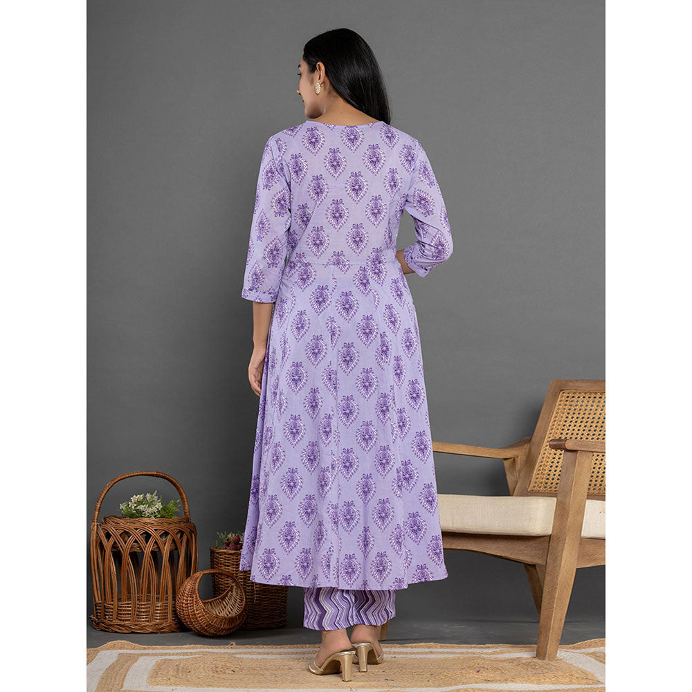 Yufta Purple Cotton Ethnic Motifs Anarkali Kurta and Pants with Dupatta (Set of 3)