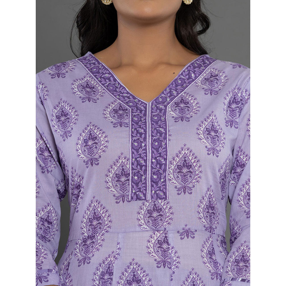 Yufta Purple Cotton Ethnic Motifs Anarkali Kurta and Pants with Dupatta (Set of 3)