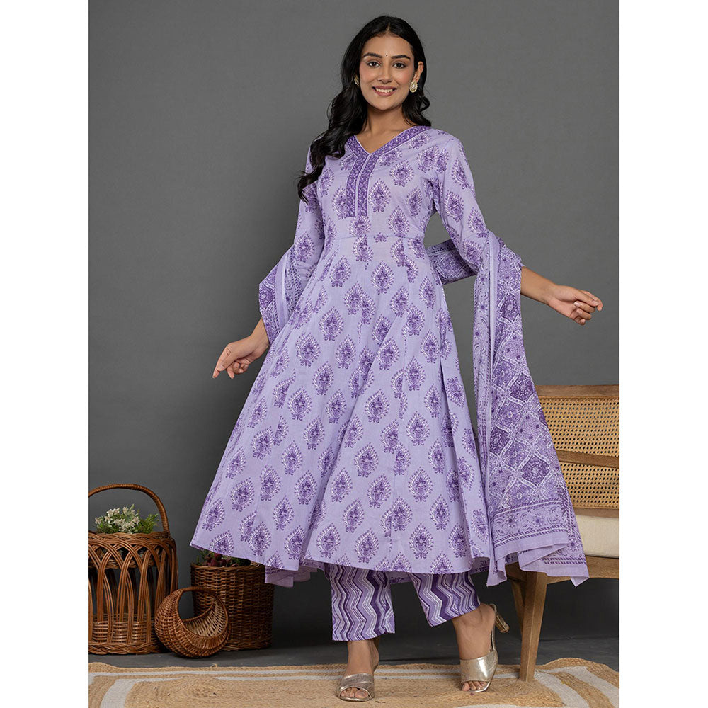 Yufta Purple Cotton Ethnic Motifs Anarkali Kurta and Pants with Dupatta (Set of 3)