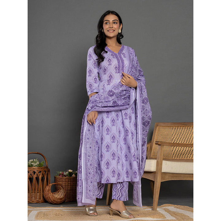 Yufta Purple Cotton Ethnic Motifs Anarkali Kurta and Pants with Dupatta (Set of 3)