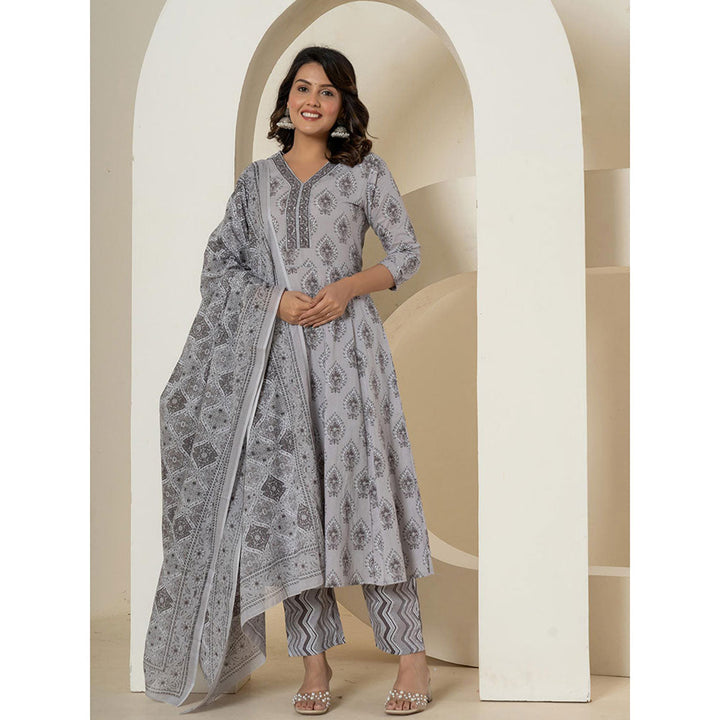 Yufta Grey Cotton Ethnic Motifs Anarkali Kurta and Pants with Dupatta (Set of 3)