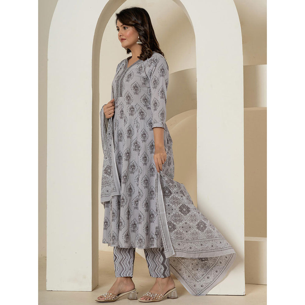 Yufta Grey Cotton Ethnic Motifs Anarkali Kurta and Pants with Dupatta (Set of 3)