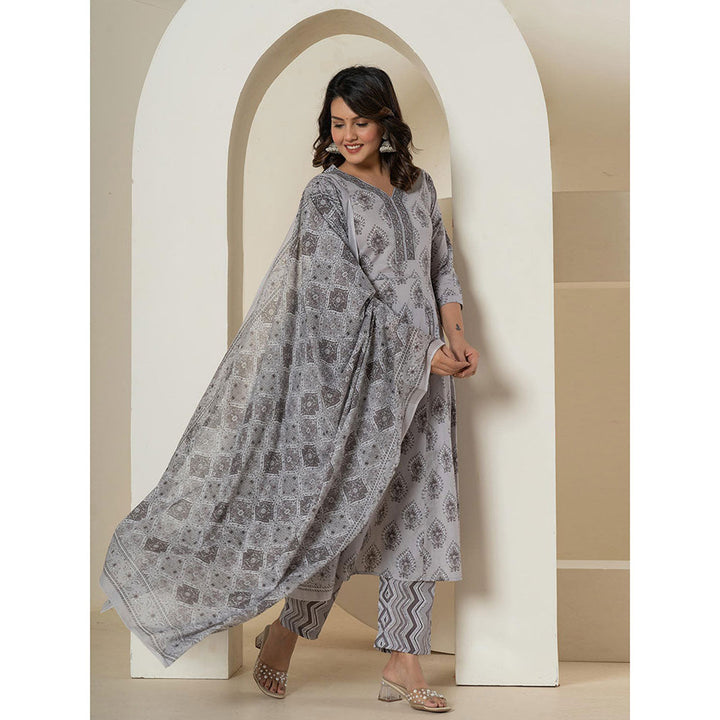 Yufta Grey Cotton Ethnic Motifs Anarkali Kurta and Pants with Dupatta (Set of 3)