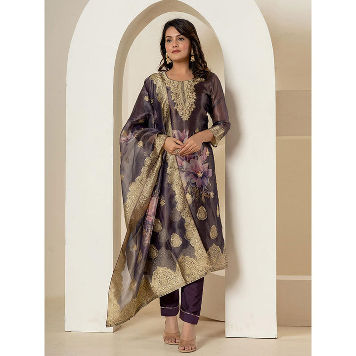 Yufta Purple Tissue Kurta and Pants with Dupatta (Set of 3)