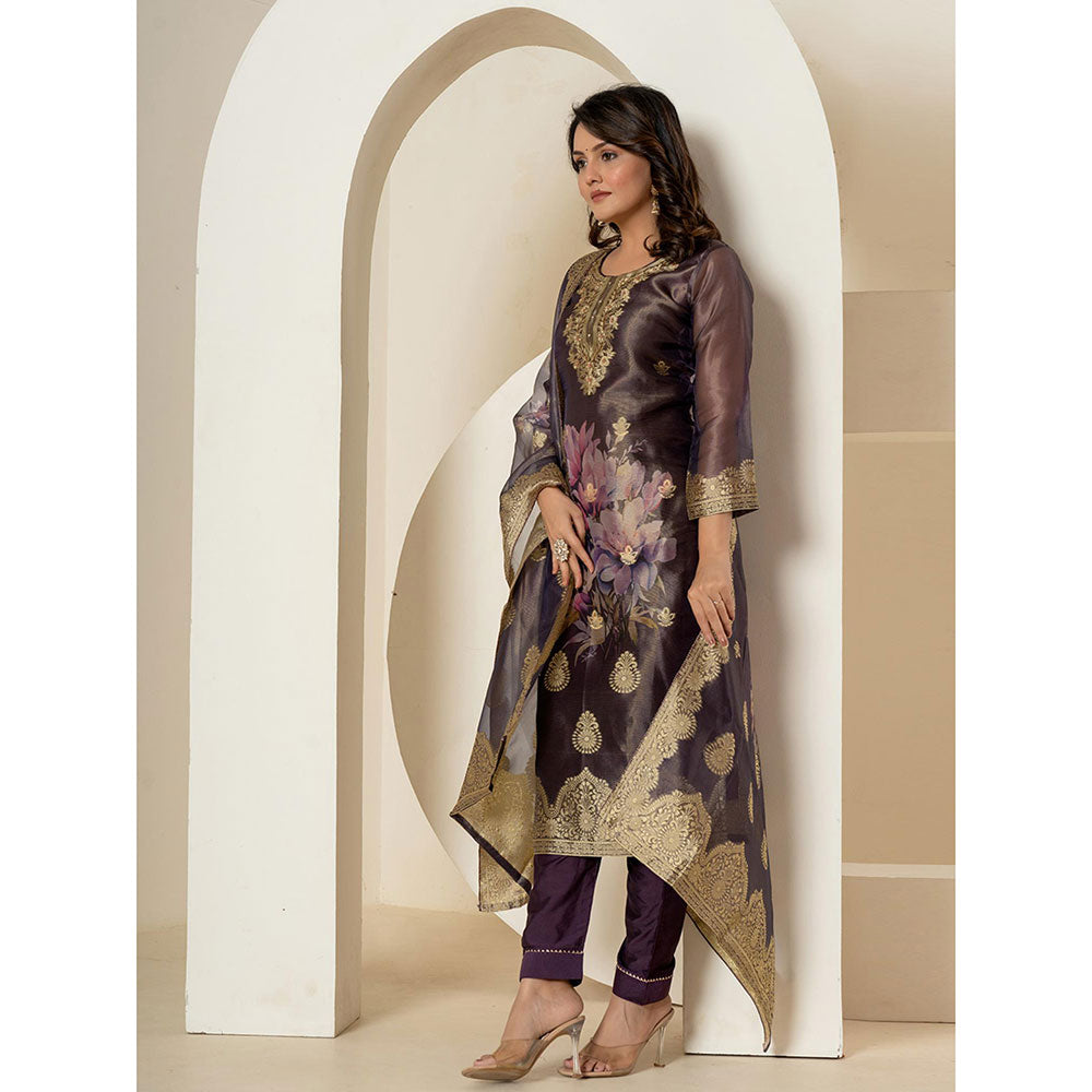 Yufta Purple Tissue Kurta and Pants with Dupatta (Set of 3)