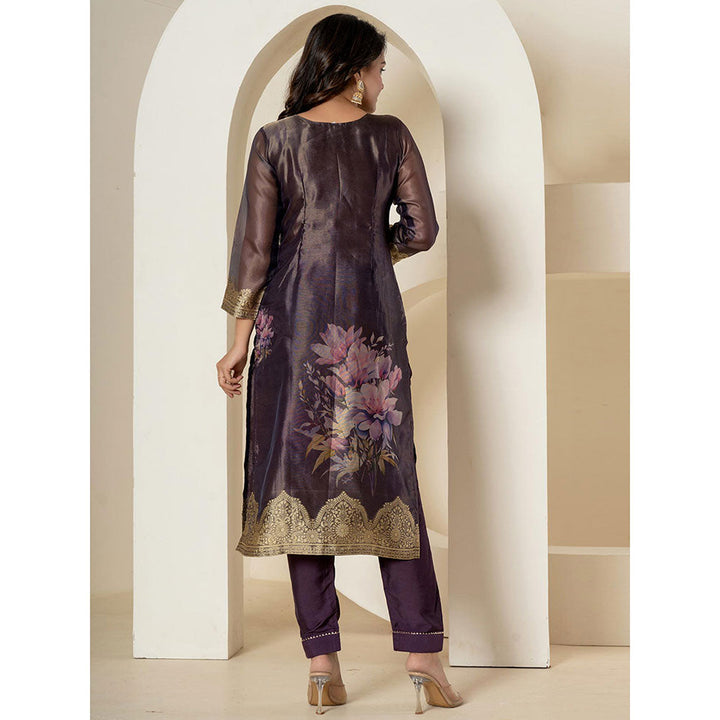 Yufta Purple Tissue Kurta and Pants with Dupatta (Set of 3)