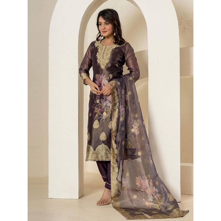 Yufta Purple Tissue Kurta and Pants with Dupatta (Set of 3)