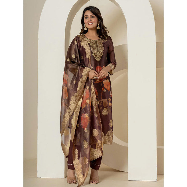 Yufta Brown Tissue Kurta and Pants with Dupatta (Set of 3)