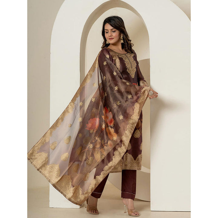 Yufta Brown Tissue Kurta and Pants with Dupatta (Set of 3)