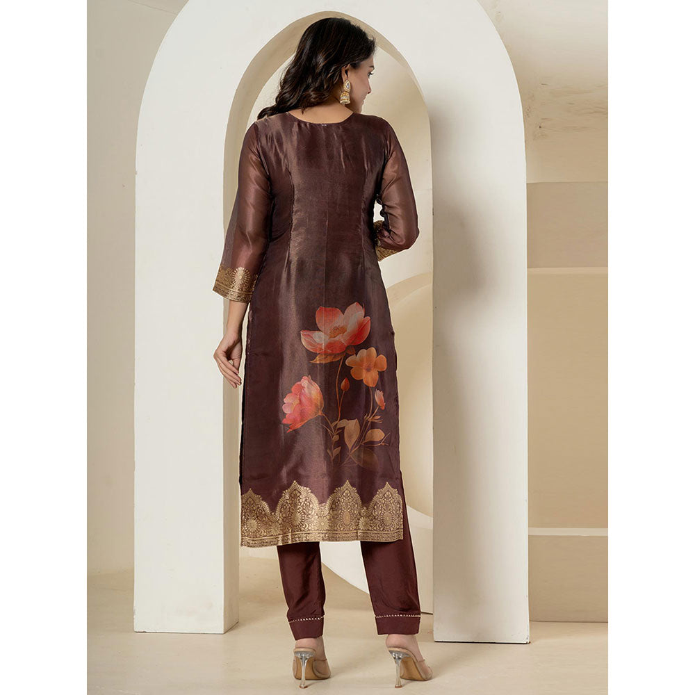 Yufta Brown Tissue Kurta and Pants with Dupatta (Set of 3)