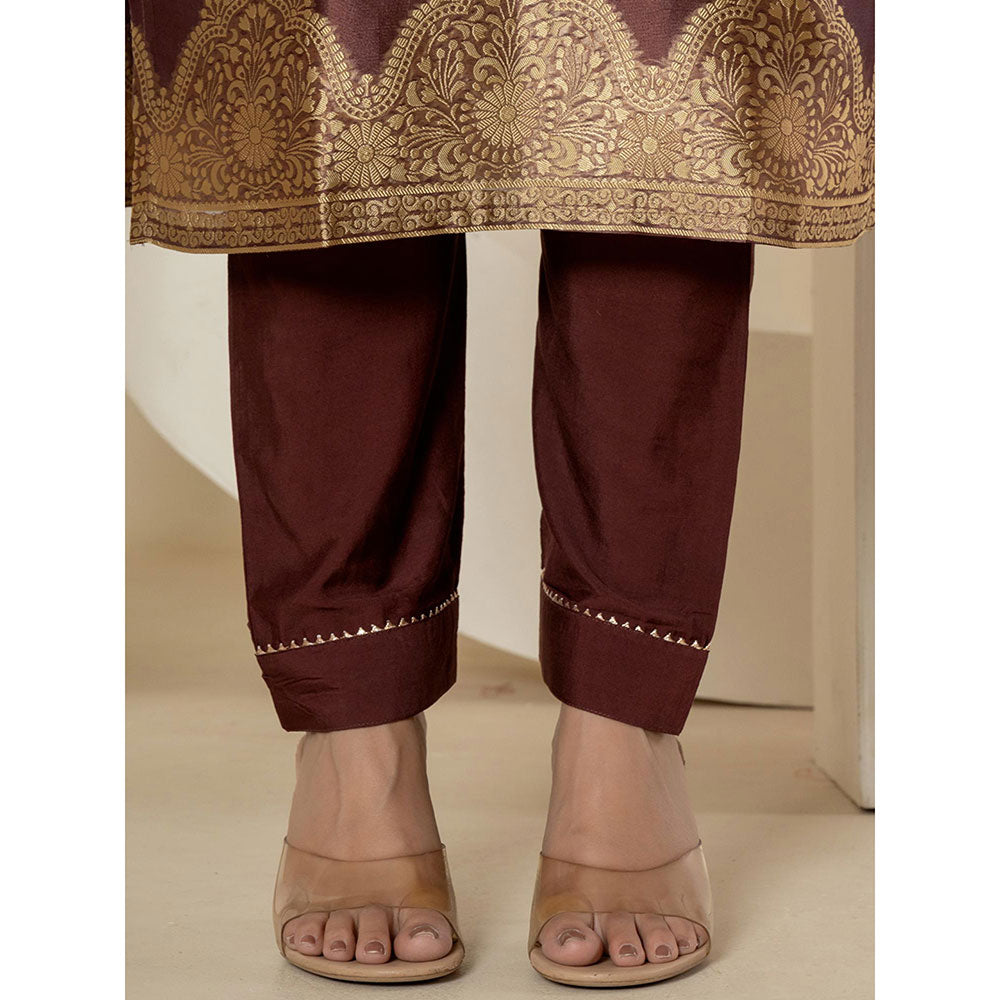 Yufta Brown Tissue Kurta and Pants with Dupatta (Set of 3)