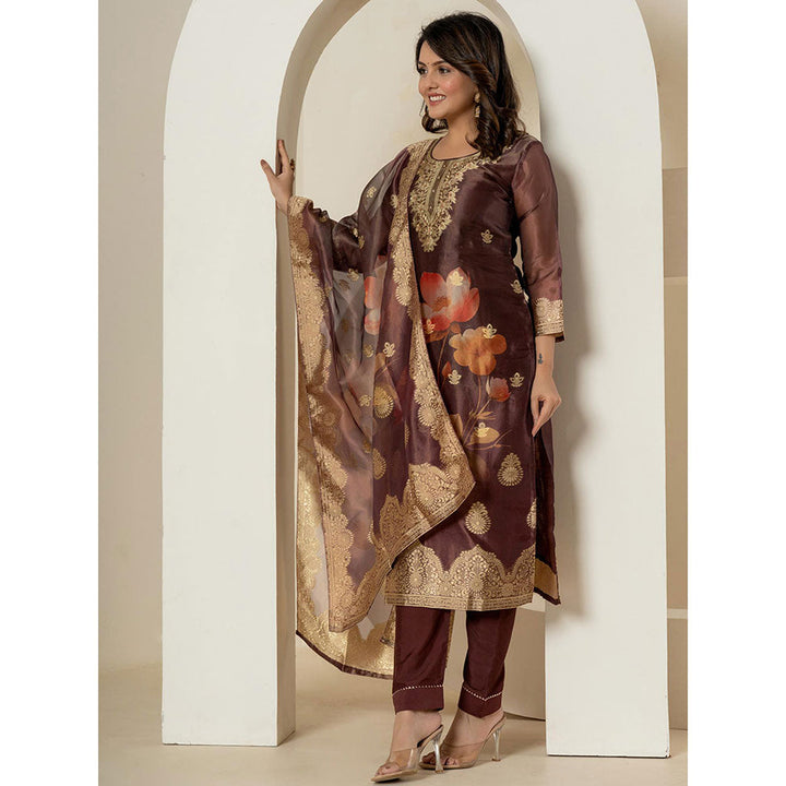 Yufta Brown Tissue Kurta and Pants with Dupatta (Set of 3)