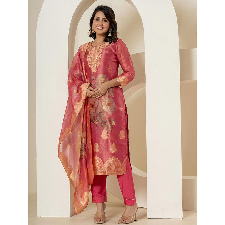 Yufta Pink Tissue Kurta and Pants with Dupatta (Set of 3)