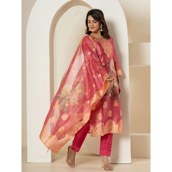 Yufta Pink Tissue Kurta and Pants with Dupatta (Set of 3)