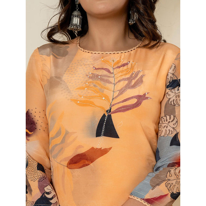 Yufta Orange Print Kurta and Pants with Dupatta (Set of 3)