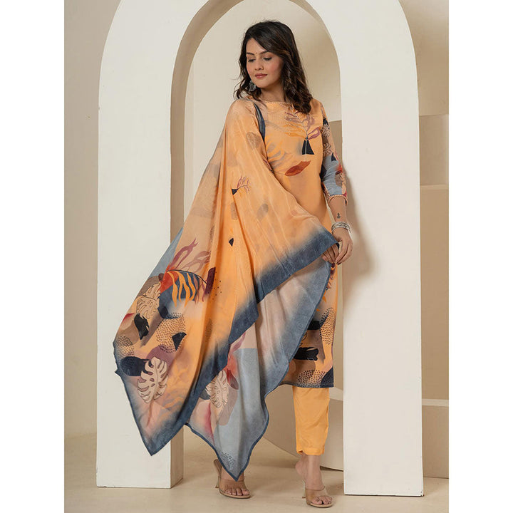 Yufta Orange Print Kurta and Pants with Dupatta (Set of 3)