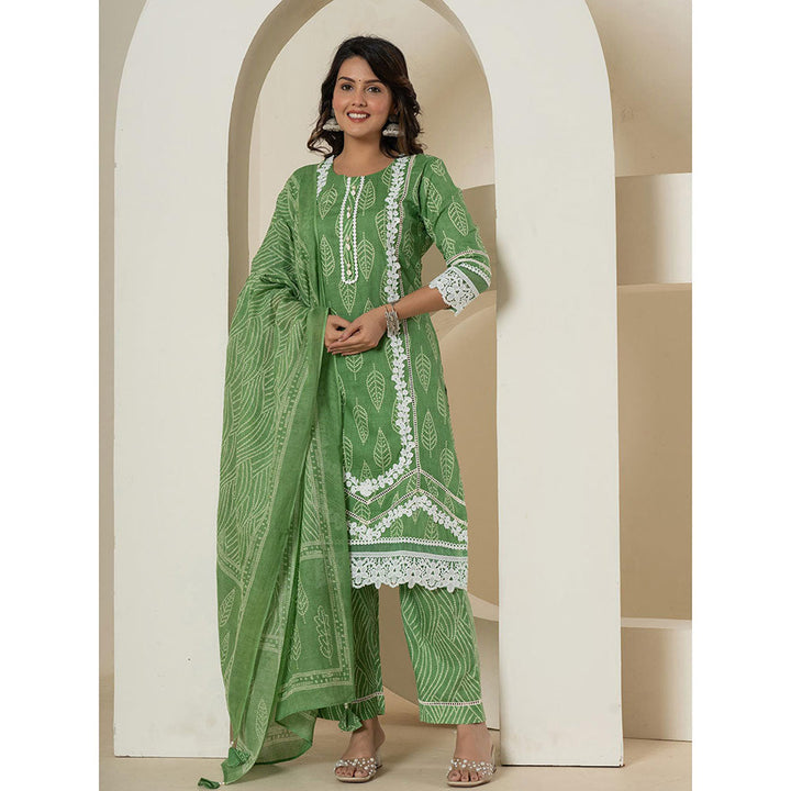 Yufta Green Straight Kurta and Pants with Dupatta (Set of 3)