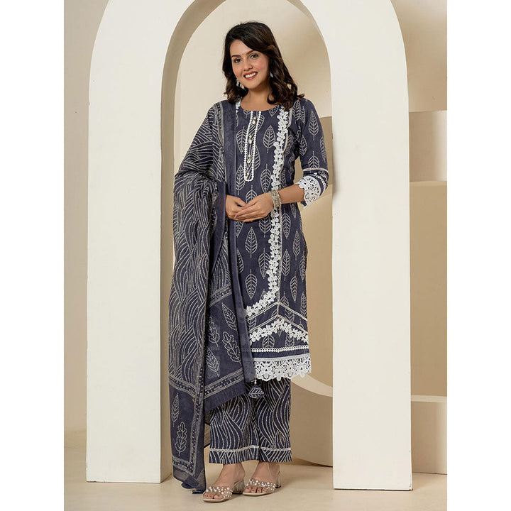 Yufta Navy Blue Straight Kurta and Pants with Dupatta (Set of 3)